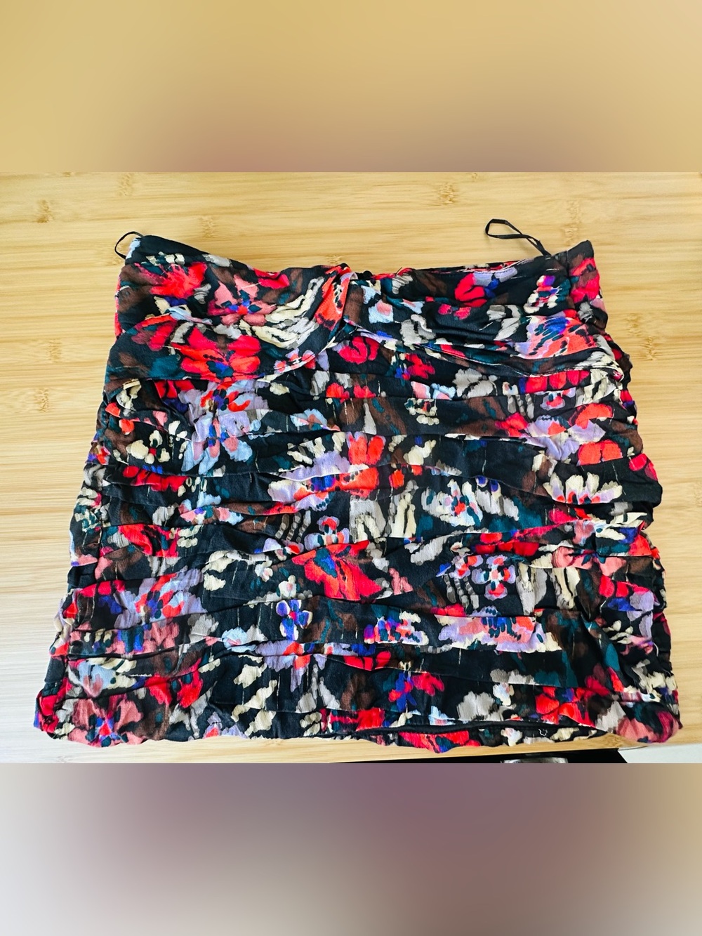 Zara Black Strapless Floral Ruffle Top with Red & Lavender Accents